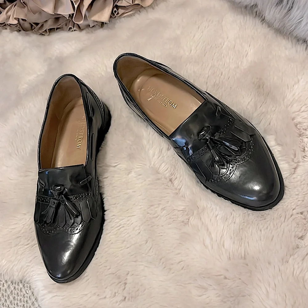 Nordstrom Italy Men’s Black Leather Slip On Wingtip Kiltie Tassel Oxford Loafers